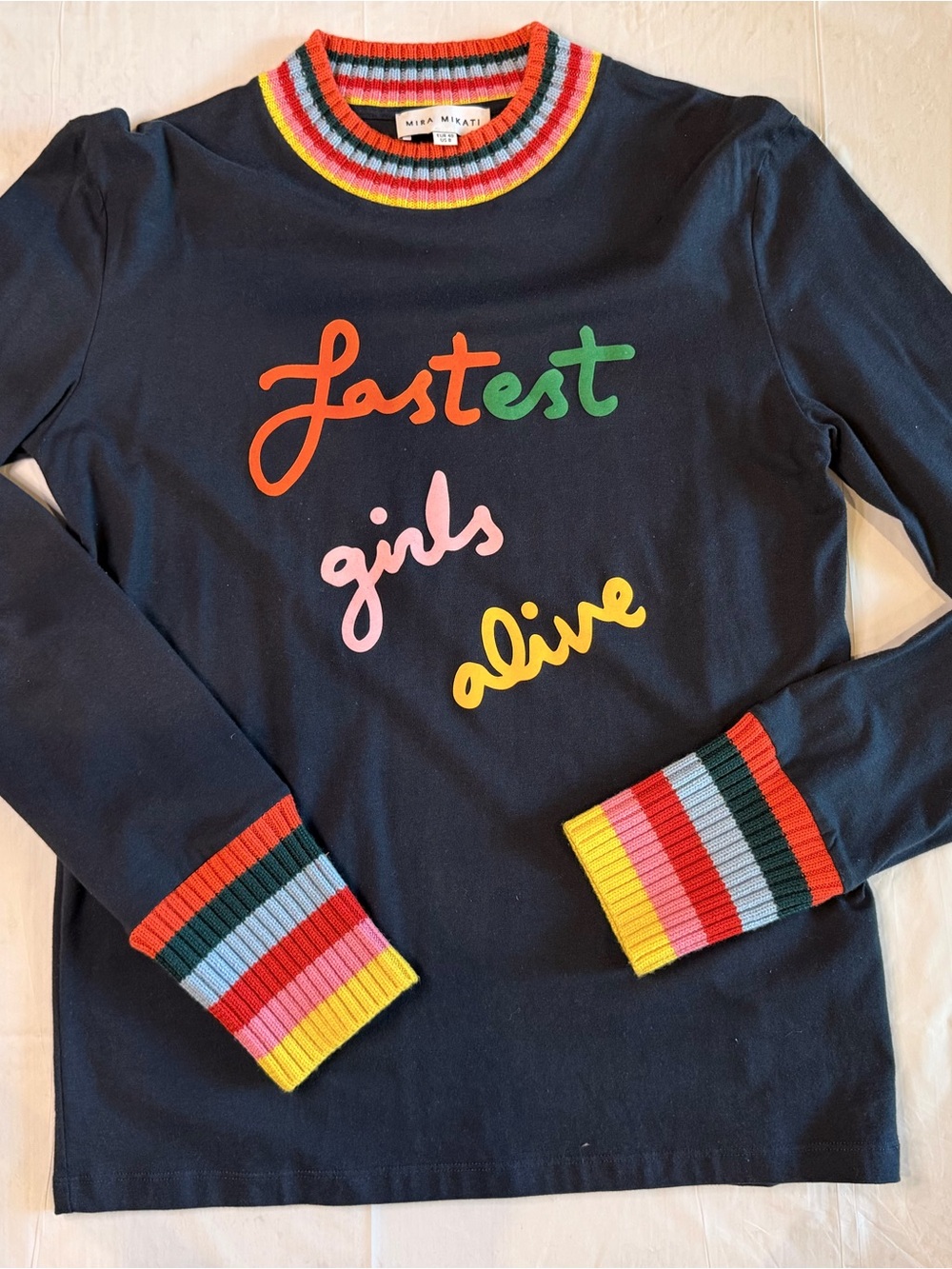 Mira Mikati Fastest Girls Alive Navy Rainbow Trim Long Sleeve Top US 8 EU 40 - Picture 2 of 6